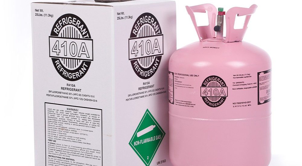 11.3kg R410A refrigerant gas tank with protective cardboard packaging for safe shipping.
