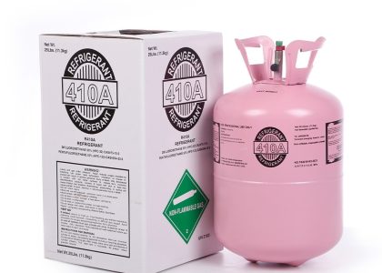 11.3kg R410A refrigerant gas tank with protective cardboard packaging for safe shipping.